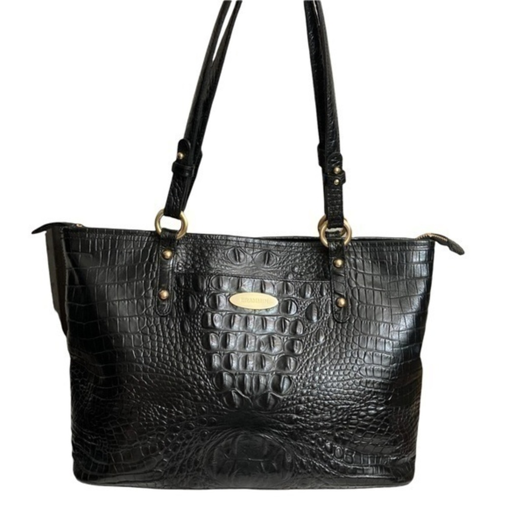 Brahmin black embossed leather zipper tote bag